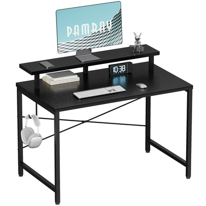 Pamray 47 Inch Small Computer Desk with Monitor Stand, Simple Office Desk with Headphone Hook for Small Spaces, Kids Study Writing Table for Bedroom