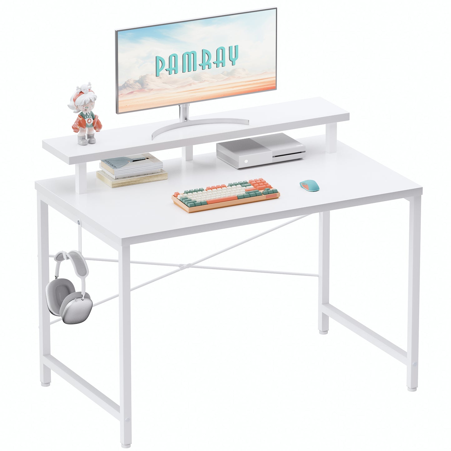 Pamray 47 Inch Small Computer Desk with Monitor Stand, Simple Office Desk with Headphone Hook for Small Spaces, Kids Study Writing Table for Bedroom
