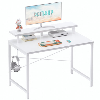 Pamray 47 Inch Small Computer Desk with Monitor Stand, Simple Office Desk with Headphone Hook for Small Spaces, Kids Study Writing Table for Bedroom
