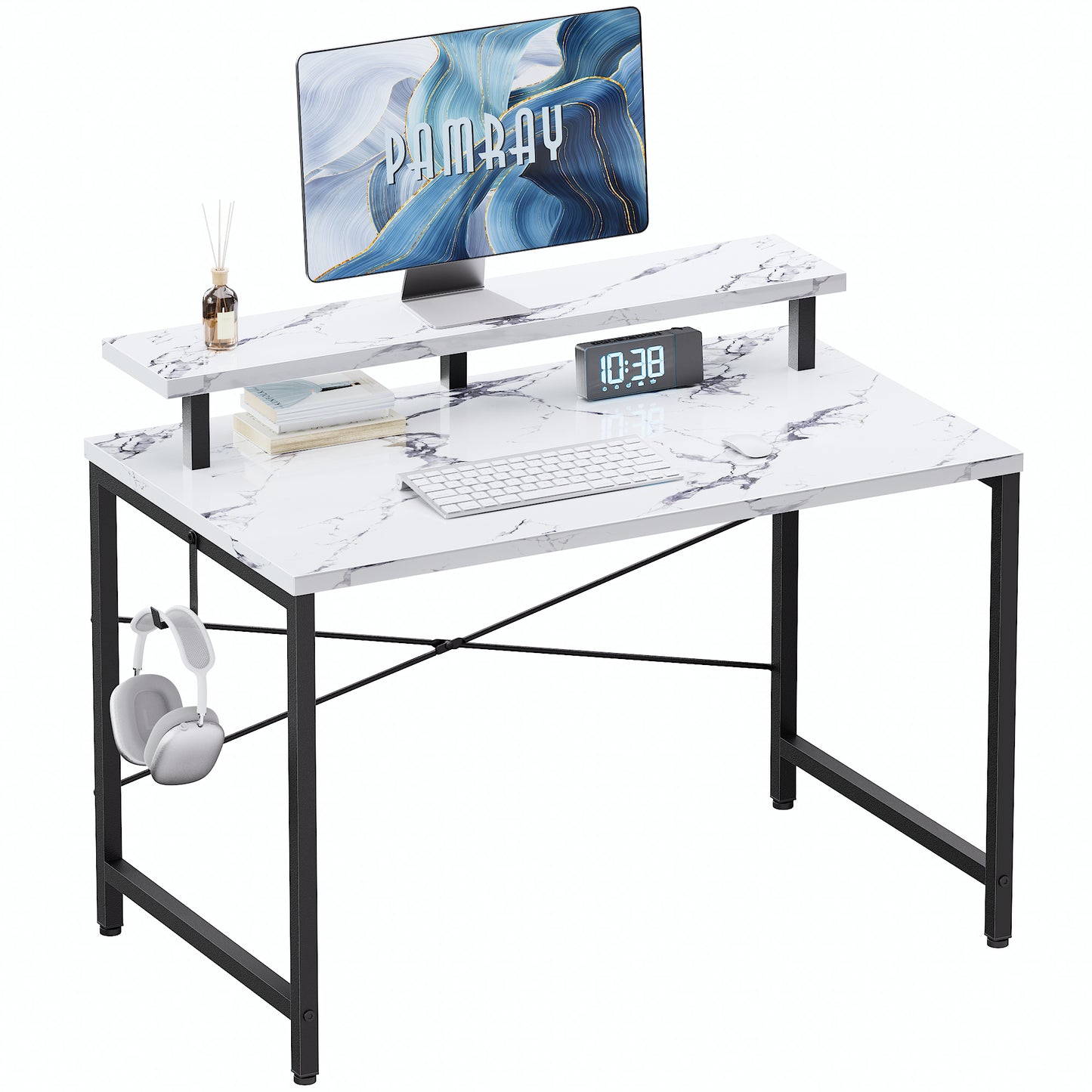 Pamray 47 Inch Small Computer Desk with Monitor Stand, Simple Office Desk with Headphone Hook for Small Spaces, Kids Study Writing Table for Bedroom