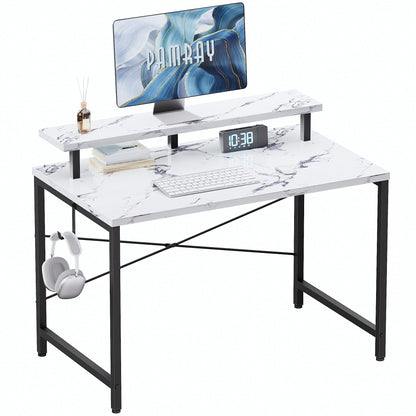 Pamray 47 Inch Small Computer Desk with Monitor Stand, Simple Office Desk with Headphone Hook for Small Spaces, Kids Study Writing Table for Bedroom