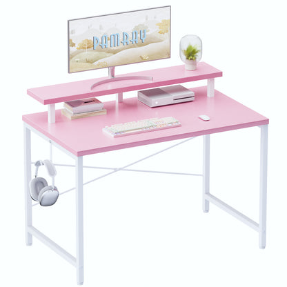 Pamray 47 Inch Small Computer Desk with Monitor Stand, Simple Office Desk with Headphone Hook for Small Spaces, Kids Study Writing Table for Bedroom