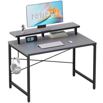 Pamray 47 Inch Small Computer Desk with Monitor Stand, Simple Office Desk with Headphone Hook for Small Spaces, Kids Study Writing Table for Bedroom