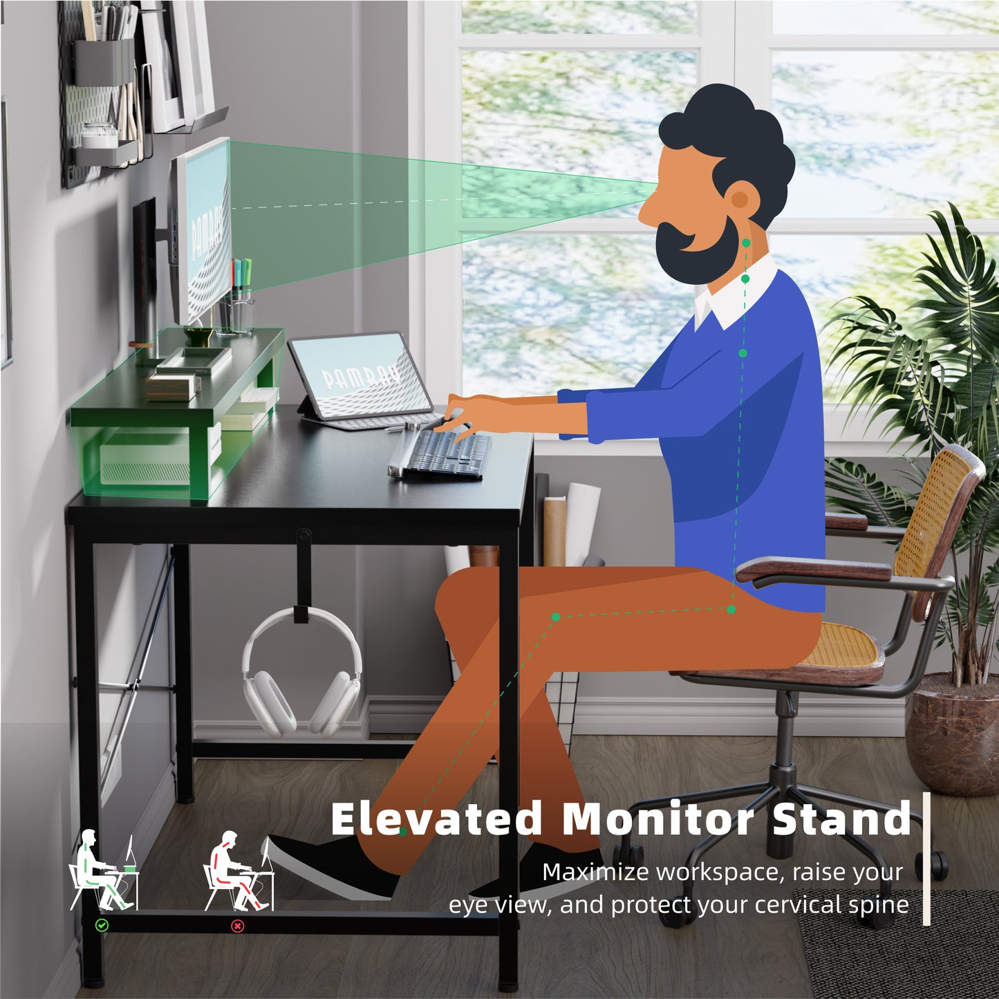 Pamray 47 Inch Small Computer Desk with Monitor Stand, Simple Office Desk with Headphone Hook for Small Spaces, Kids Study Writing Table for Bedroom