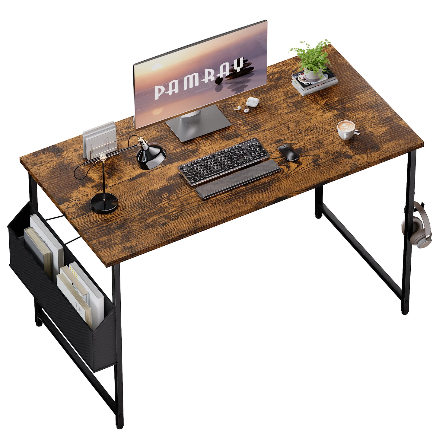 Pamray Escritorio para computadora de 47 pulgadas con bolsa de almacenamiento, escritorio de trabajo para oficina en casa con gancho para auriculares, mesa de escritura para estudio