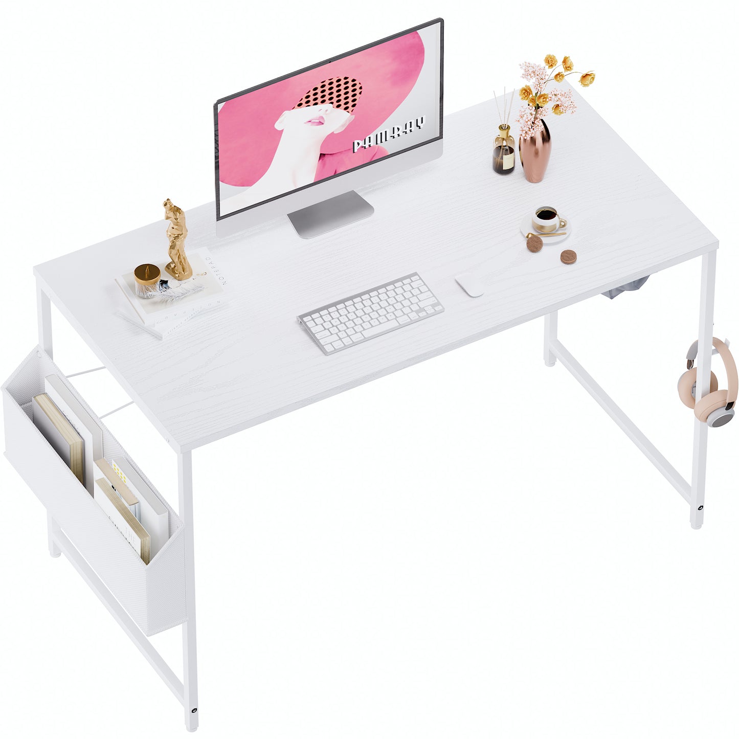 Pamray Escritorio para computadora de 47 pulgadas con bolsa de almacenamiento, escritorio de trabajo para oficina en casa con gancho para auriculares, mesa de escritura para estudio