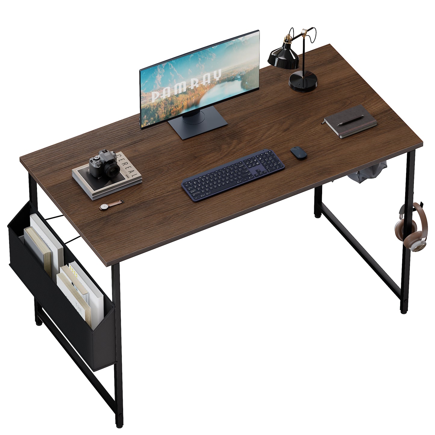 Pamray Escritorio para computadora de 47 pulgadas con bolsa de almacenamiento, escritorio de trabajo para oficina en casa con gancho para auriculares, mesa de escritura para estudio