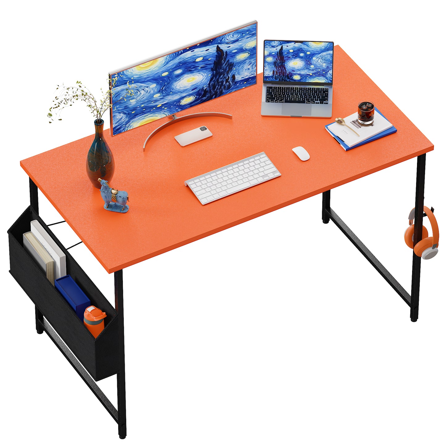 Pamray Escritorio para computadora de 47 pulgadas con bolsa de almacenamiento, escritorio de trabajo para oficina en casa con gancho para auriculares, mesa de escritura para estudio