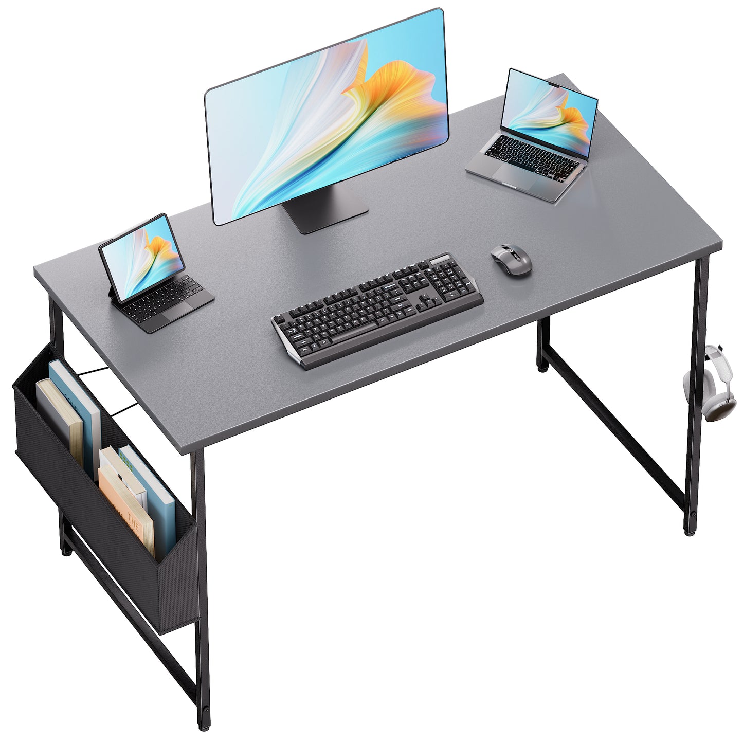 Pamray Escritorio para computadora de 47 pulgadas con bolsa de almacenamiento, escritorio de trabajo para oficina en casa con gancho para auriculares, mesa de escritura para estudio