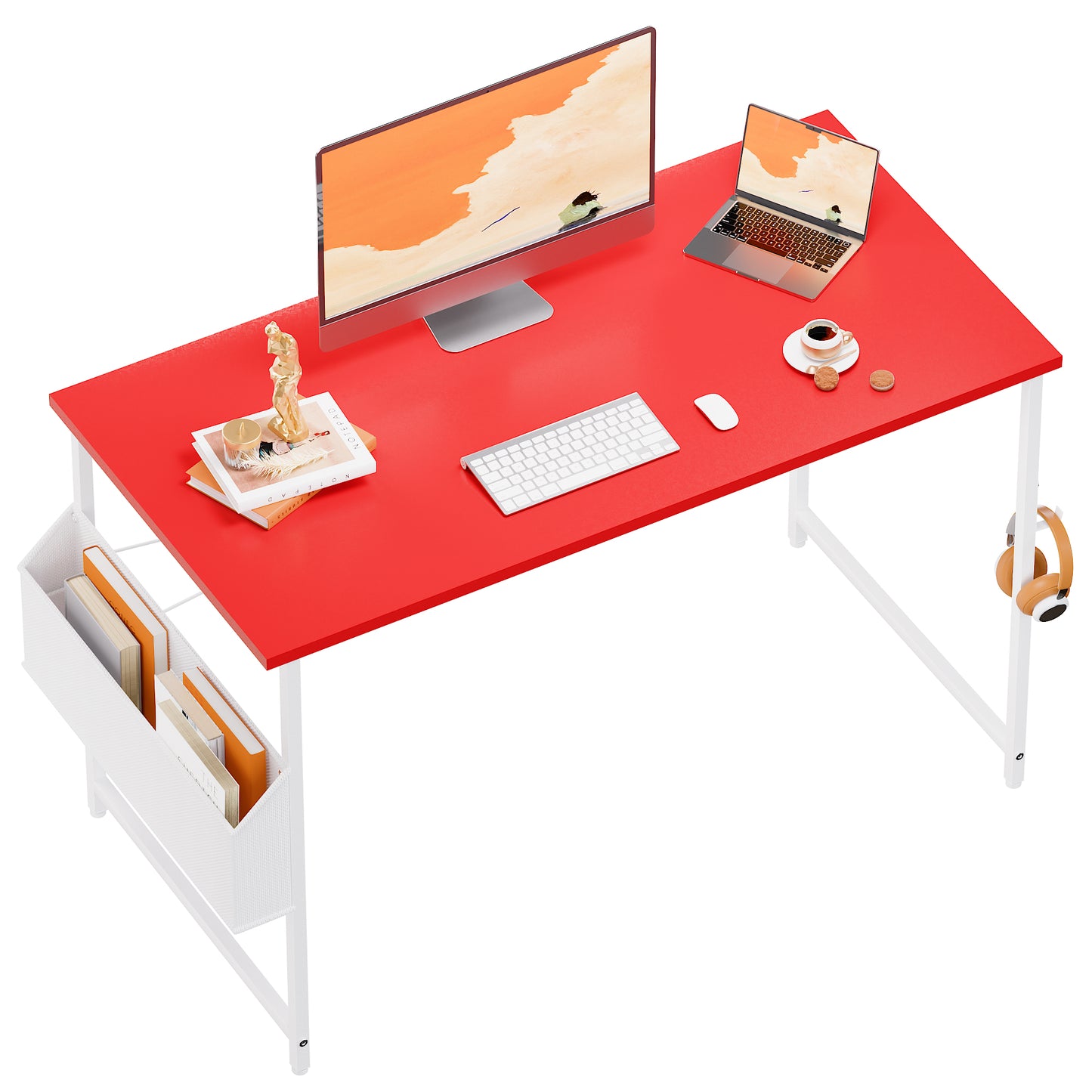 Pamray Escritorio para computadora de 47 pulgadas con bolsa de almacenamiento, escritorio de trabajo para oficina en casa con gancho para auriculares, mesa de escritura para estudio