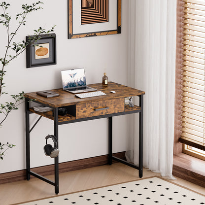 Pamray 32 Inch Small Computer Desk with Drawer and Shelves Simple Study Work Table for Bedroom