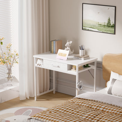 Pamray 32 Inch Small Computer Desk with Drawer and Shelves Simple Study Work Table for Bedroom