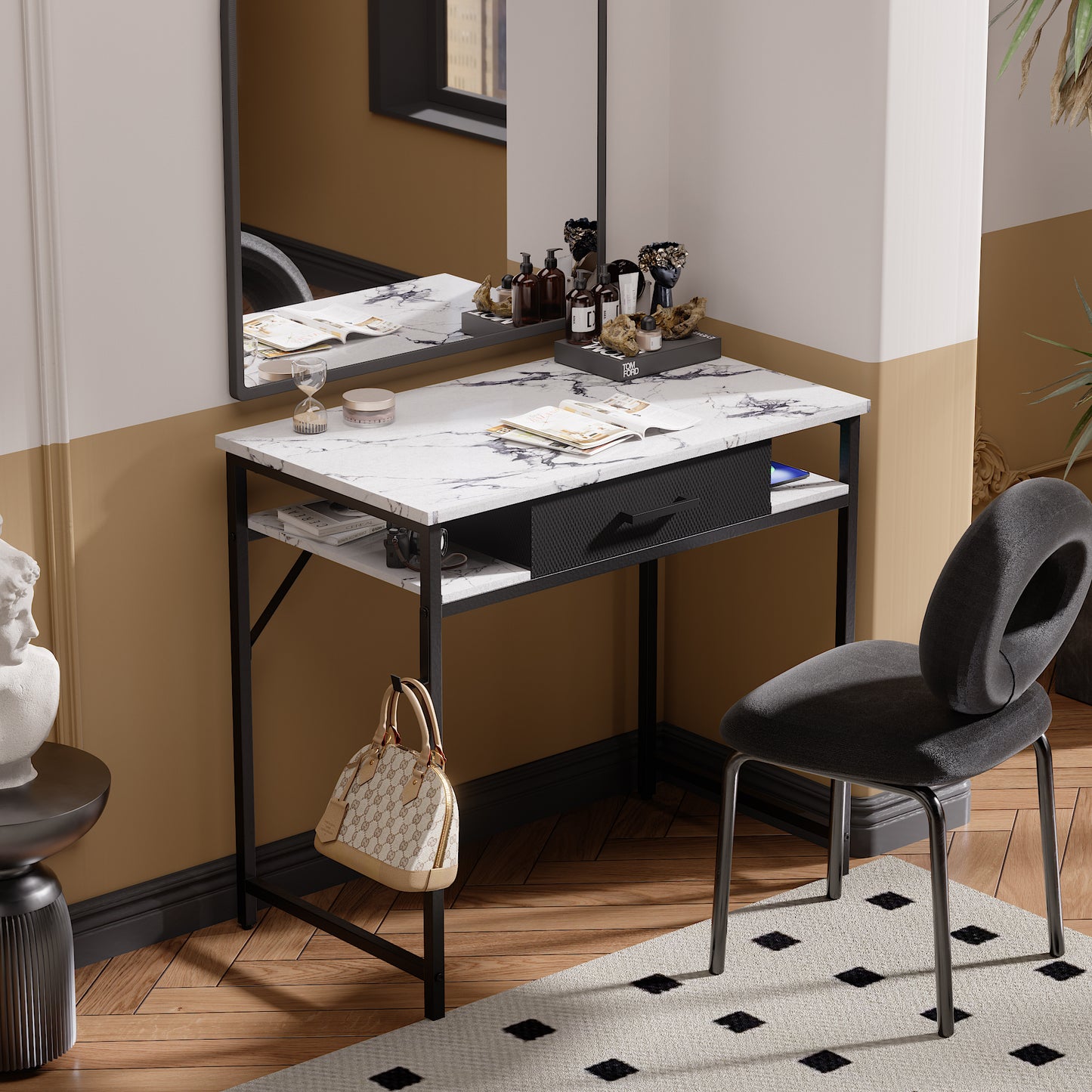 Pamray 32 Inch Small Computer Desk with Drawer and Shelves Simple Study Work Table for Bedroom