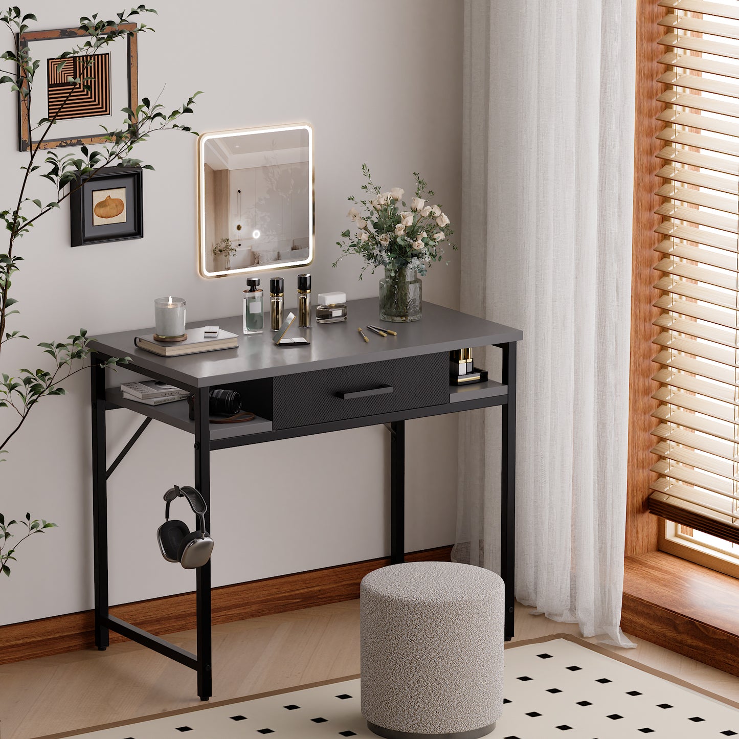 Pamray 32 Inch Small Computer Desk with Drawer and Shelves Simple Study Work Table for Bedroom