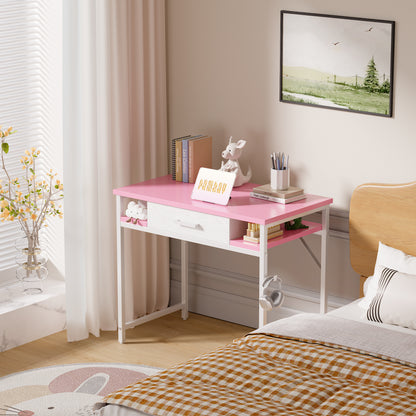Pamray 32 Inch Small Computer Desk with Drawer and Shelves Simple Study Work Table for Bedroom