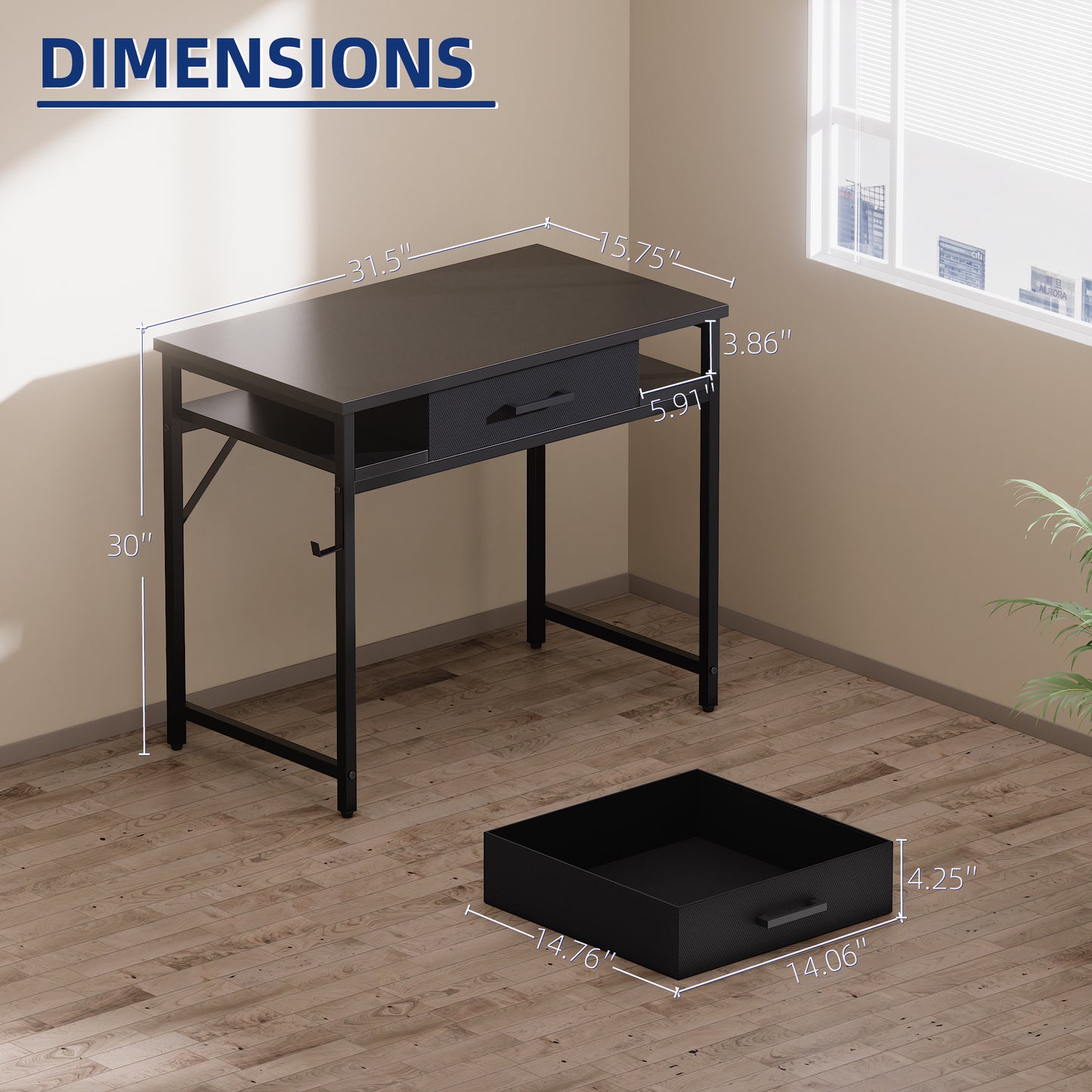 Pamray 32 Inch Small Computer Desk with Drawer and Shelves Simple Study Work Table for Bedroom