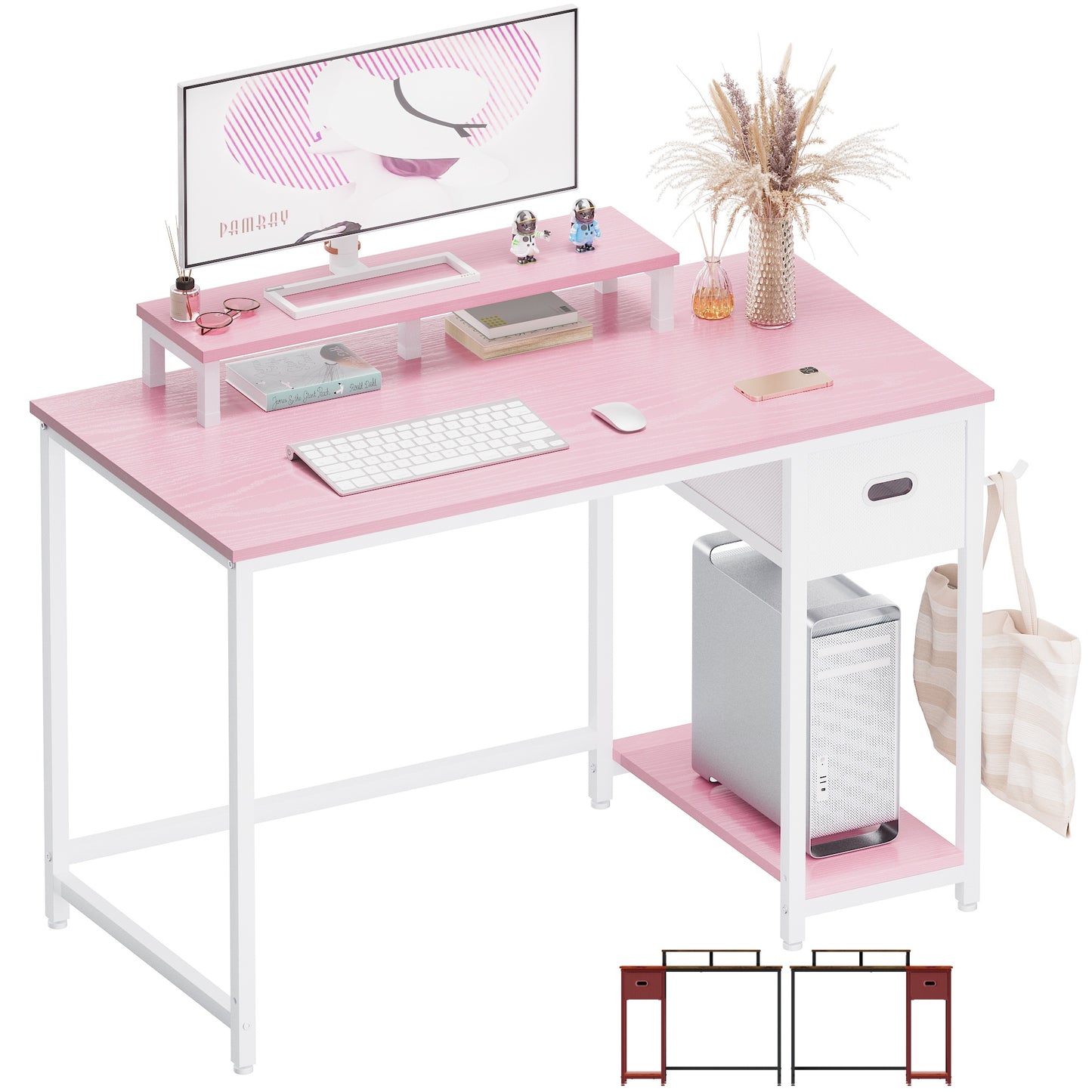 PAMRAY Escritorio para computadora de 39 pulgadas con soporte para monitor, escritorios pequeños para oficina en casa con cajón de almacenamiento para dormitorio