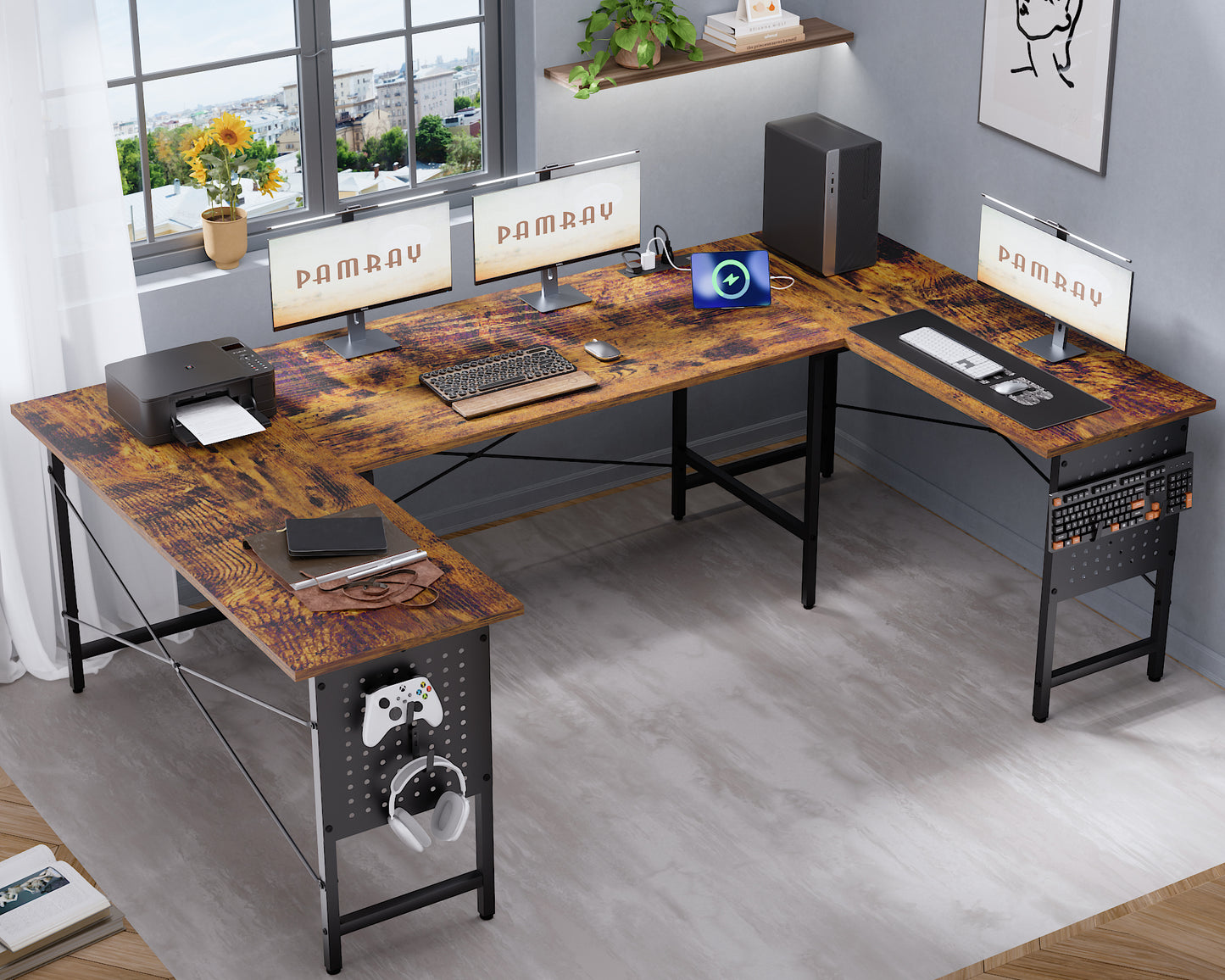 Pamray 71 Inch Large Computer Desk with Power Outlets,U Shaped Corner Desk for Home Office Work and Gaming