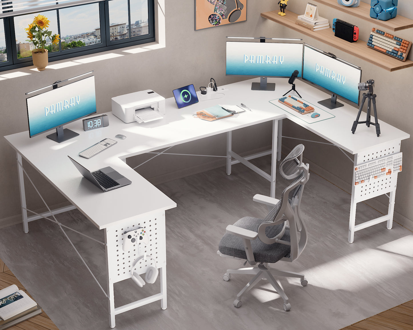 Pamray 71 Inch Large Computer Desk with Power Outlets,U Shaped Corner Desk for Home Office Work and Gaming