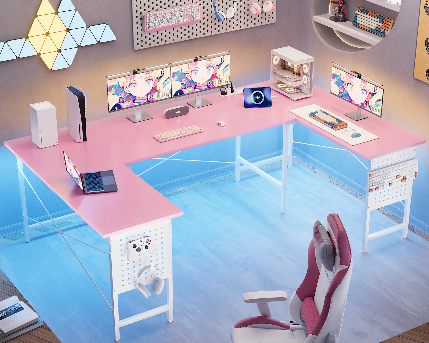 Pamray 71 Inch Large Computer Desk with Power Outlets,U Shaped Corner Desk for Home Office Work and Gaming